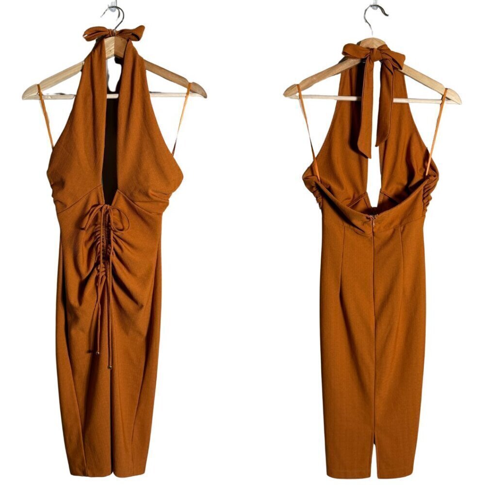 Saints + Secrets Halter Deep V Bodycon Dress Women's Small Rust Orange Vacation